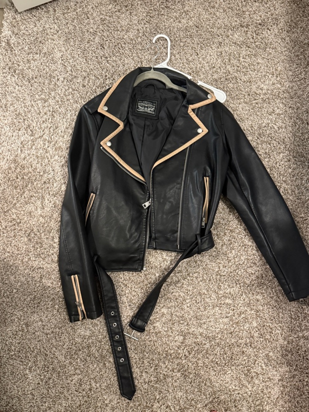Levi's Black Faux Leather Moto Jacket with Tan Trim